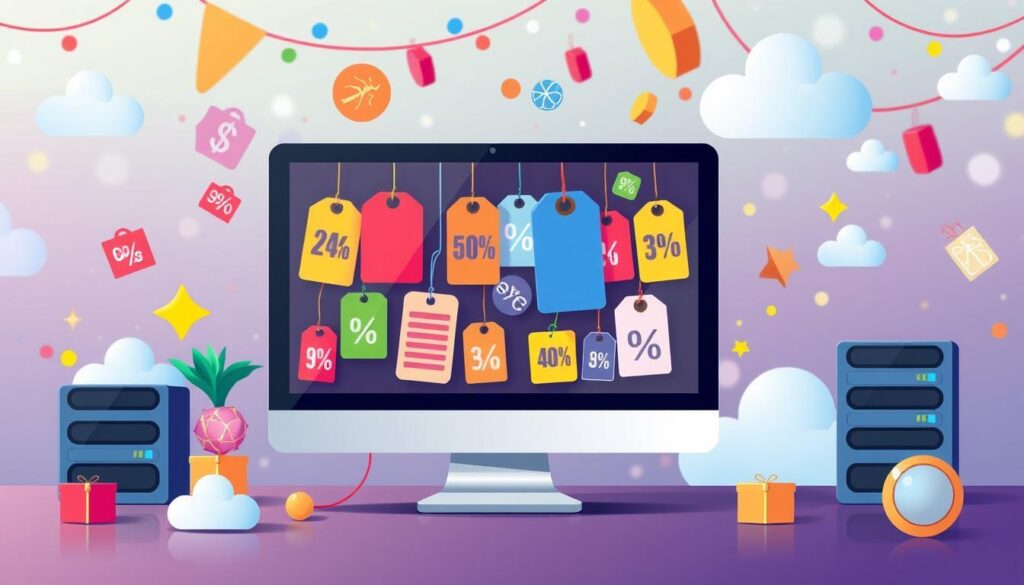 A vibrant digital illustration of a computer screen displaying an array of colorful price tags and discount symbols, surrounded by abstract elements representing web hosting services, such as servers and cloud icons, all set against a festive background that evokes the excitement of a sale event.